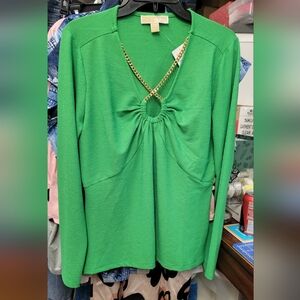 Michael Kors Spring Green Long Sleeve Top Gild Chain Med MSRP $98